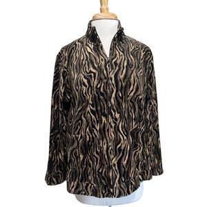 Kim Rogers Women's L Black Brown Animal Print Full Zip Lightweight Jacket Velour